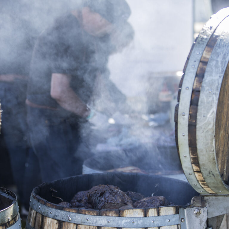 Smoked meat in used wine barrels